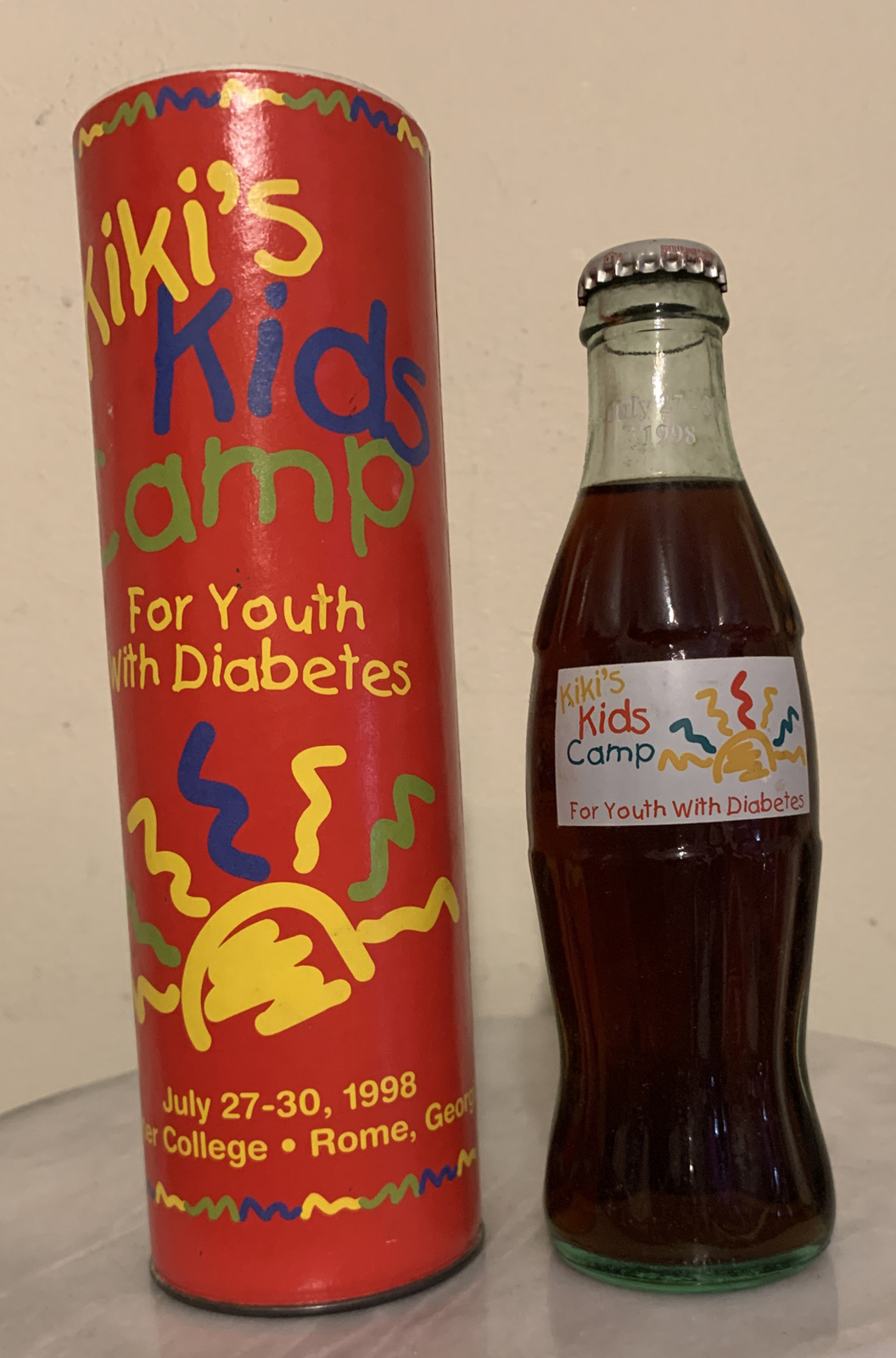 1998 KIKI'S DAY CAMP FOR YOUTHS W/DIABETES 8 OUNCE DIET COKE GLASS BOTTLE & TUBE