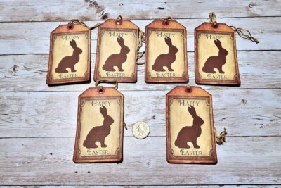 6~Easter~Primitive~Farmhouse~Rabbit~Bunny~Linen Cardstock~Gift~Hang~Tags