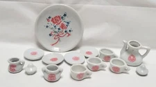 Vintage 1990s Miniature Dollhouse Porcelain 14 Piece Tea Set Pink Floral Design