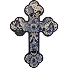 TalaMex Handmade Cholula Medium-Size Blue Mexican Talavera Ceramic Cross