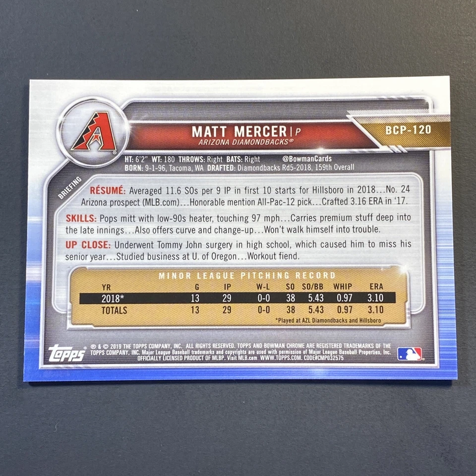 2019 Bowman Chrome Prospects #BCP-120 Matt Mercer Blue Refractor SP /150 - ARI - Image 3 of 3