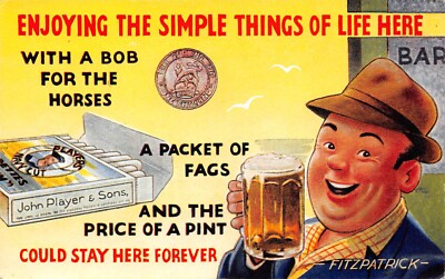 POSTKARTE COMIC HERREN URLAUB EINFACHE DINGE GENIESSEN BIER SCHWUCHTELN PFERDE