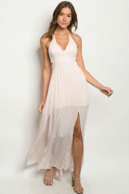 Soft Pink Maxi Dress Size Small Halter Neck Split Leg Summer Travel | eBay