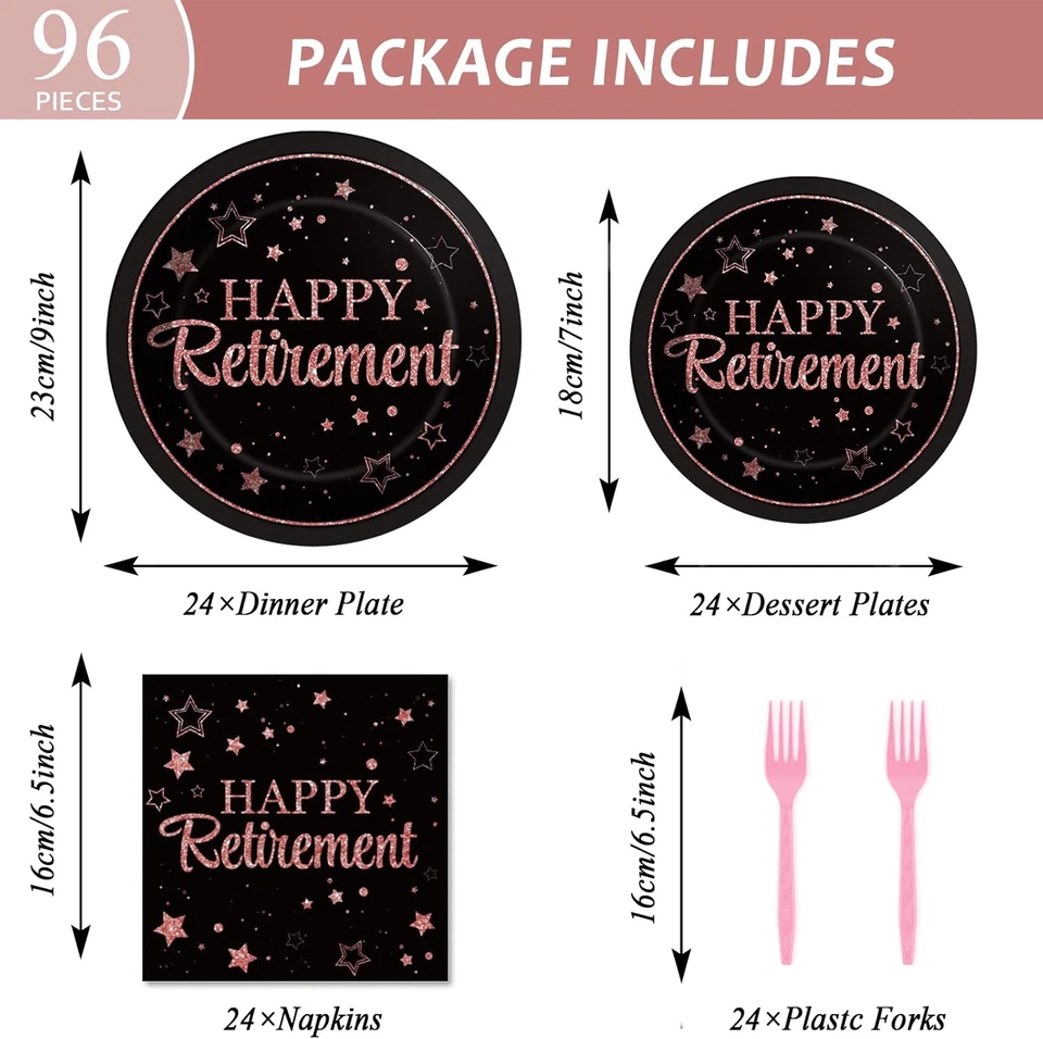 96 Pcs Retirement Party Plates Napkins Tableware Set Rose Gold Happy Retirement - Image 2 of 4