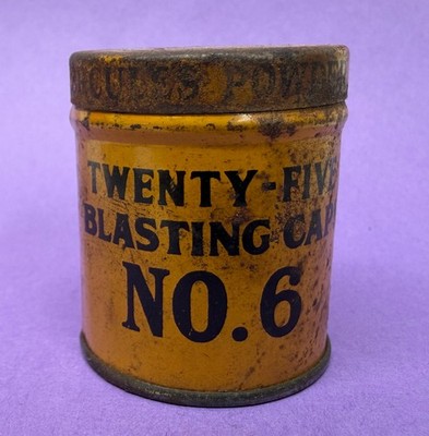 Antique HERCULES Blasting Caps Empty Tin 25 No. 6 Wilmington Del YELLOW