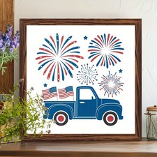 Patriotic Truck USA Flag Fireworks Wooden Plaque 4th Of July Stars Stripes Decor