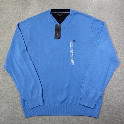 Tommy Hilfiger Sweater Mens Large Blue V Neck Lightweight Logo NWT