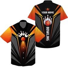 Custom Hawaiian Bowling Shirts Bowling Ball And Pins Team Shirt Black Orange Bow