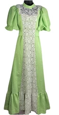 Vtg 70s Green Prairie Maxi Dress  Cottage Core Edwardian Puff Sleeve Lace M