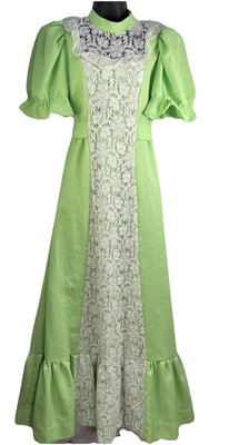 Vtg 70s Green Prairie Maxi Dress  Cottage Core Edwardian Puff Sleeve Lace M