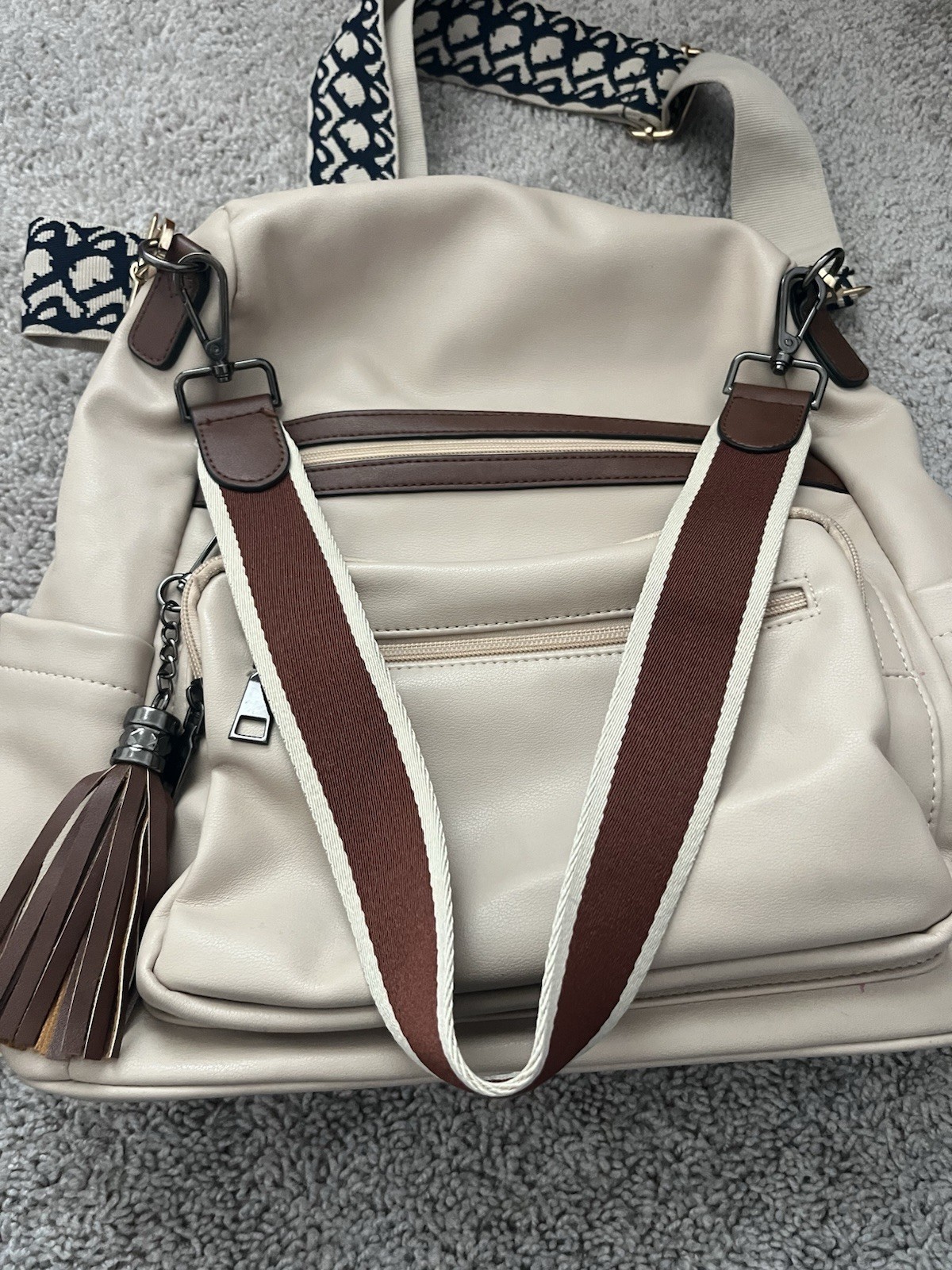 Beige Brown Backpack Purse Patterned Detachable S… - image 4