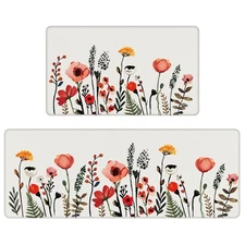 Kitchen Mats for Floor 2 Piece White, Colorful Flower Fern Kitchen Floor Mats...