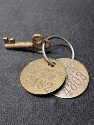 Antique Brass Key Locker Badge Tags Port Storage A.S.B. & Original Key