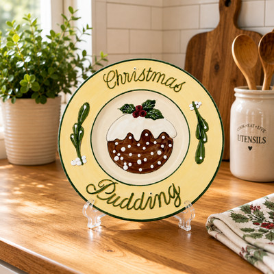 Vintage Weihnachten Pudding Teller handbemalt Keramik festlich Dessertteller 13''