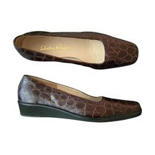 Salvatore Ferragamo Croc Embossed Slip On Low Wedge Size 6B Brown Italy Classic