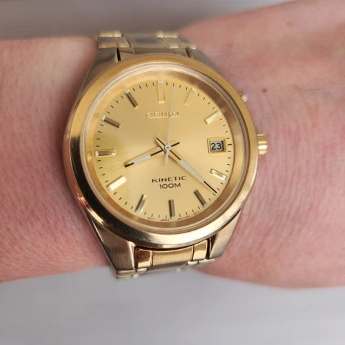 Seiko Kinetic 5M62-0D50 Gold Tone Men's Watch 100m Date Japan Vintage 2002