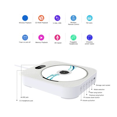 Wall CD Player With BT5.0 Dual HiFi Speaker FM Radio Wall Mounted Portable C Hot