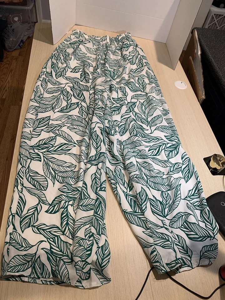粉色百合女式白色绿叶图案Palazzo裤子尺寸S — 第 2/4 张图片