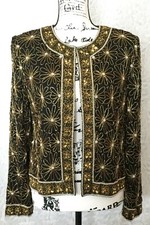 Pap ll Boutique Evening Black Jacket Blazer White Beads Gold Sequins Sz 8 Silk