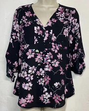 Express XS Button Down Blouse Black & Pink Floral V-Neck Long Sleeve Top