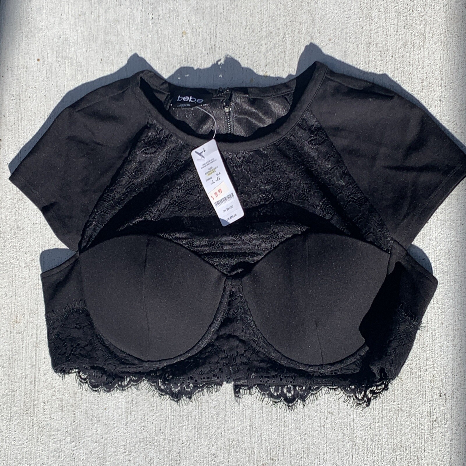 Bebe black lace padded crop bustier bralette with sleeves size large stretch-image