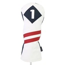 Majek Golf #1 Driver Headcover White Blue w/ Red Stripe Vintage Leather Style