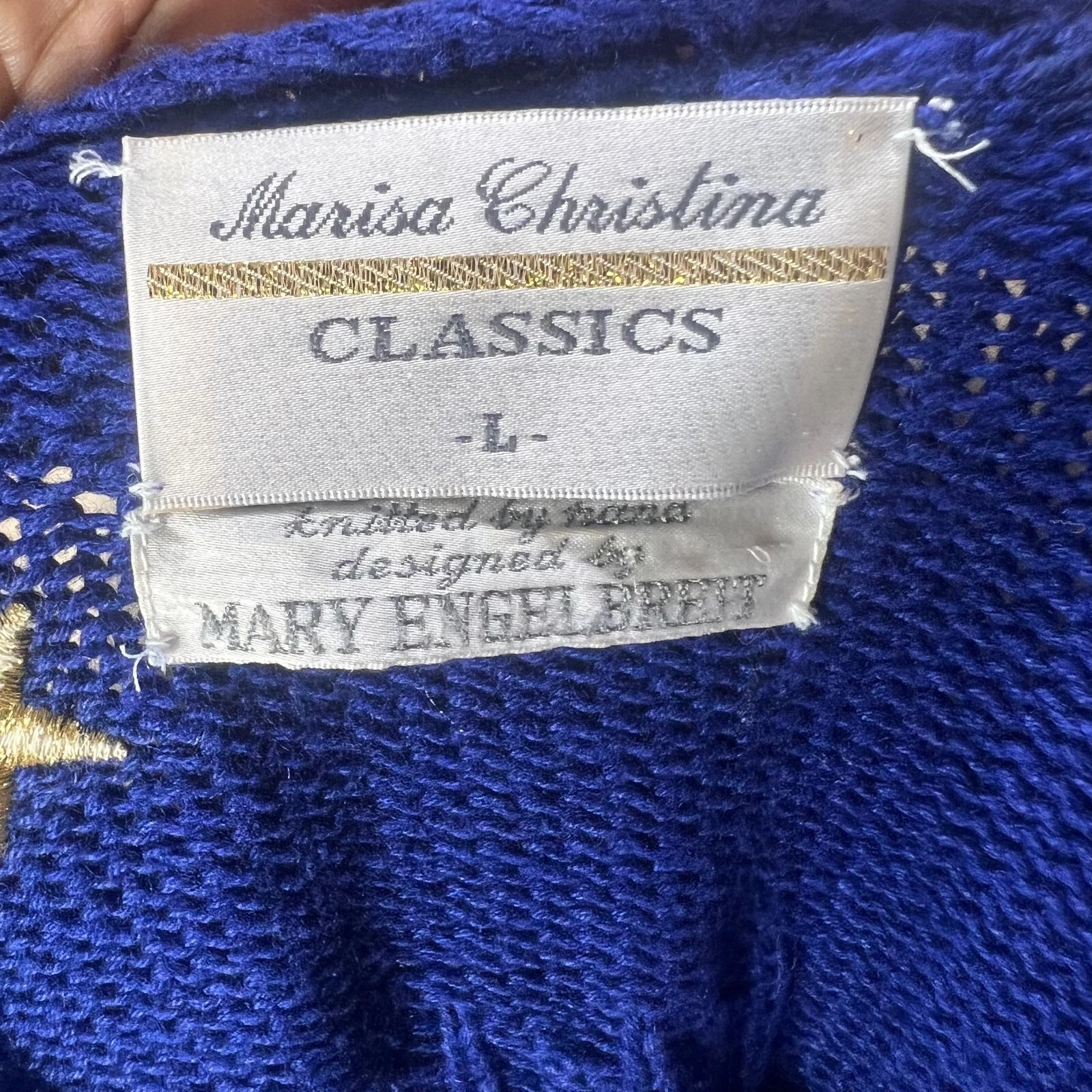 VTG Marisa Christina Ugly Christmas Sweater Womens L Blue Santa Sleigh Rudolph