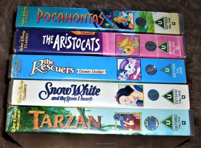 5xDisneyClassics/Sammler-VHS UK- Pocahontas-Aristocats-Rescuers-SnowWhite-Tarzan - Bild 1 von 4