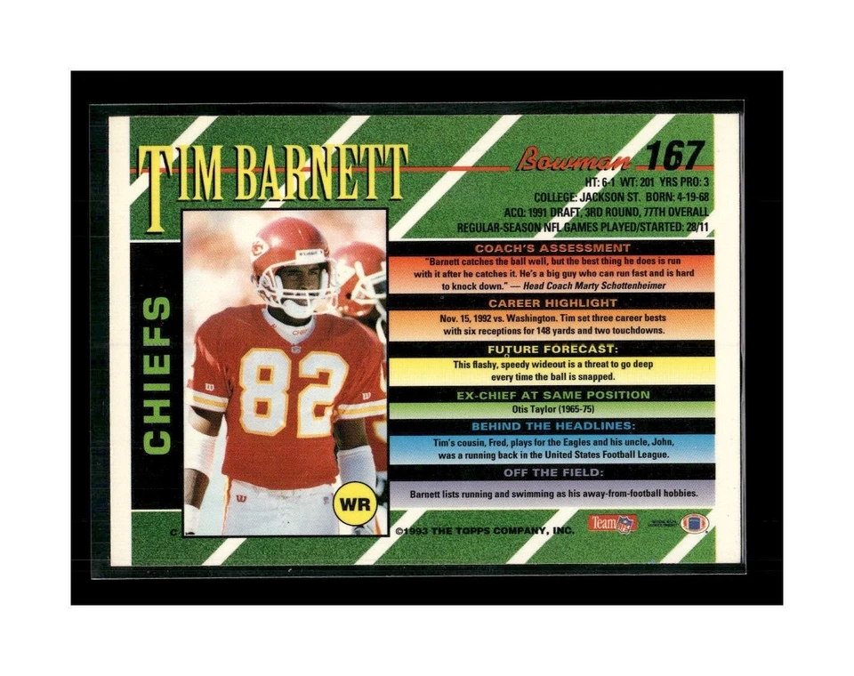 1993 Bowman NFL Football Card #167 Tim Barnett WR #82 Kansas City Chiefs - Image 2 of 2
