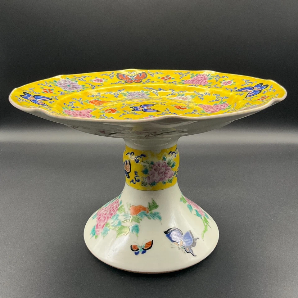 Plato de pie alto antiguo japonés Fukagawa Arita esmaltado amarillo molido porcelana Foto 4 de 4
