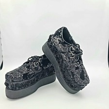 TUK Black Platforms Double Creepers Crossbones Scull Sequins Shoes