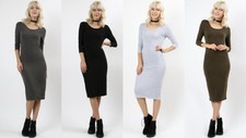 New Women's Solid Bodycon Club Knee Length Party Dress 3/4 Sleeve
