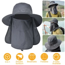 Men Women UV Protection Sun Hat w/Neck Face Flap Wide Brim Fishing Bucket Cap US