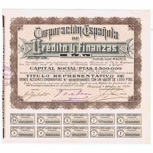 ACCION 1930 CORPORACIÓN ESPAÑOLA CRÉDITO Y FINANCIAS 1000 PESETAS