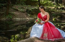 Formal White Wedding Dress Red Sari Saree Tulle Ball Gown Train Corset Size 14