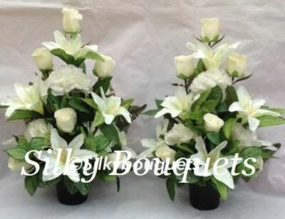 SILKY BOUQUETS Grave Flower Pot Arrangement Artificial Silk Flat Back White Rose Pair Tribute