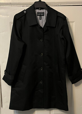 ELLEN TRACY AUTHENTIC WOMEN'S LONG BLACK BUTTON UP TRENCH RAINCOAT MED EX+