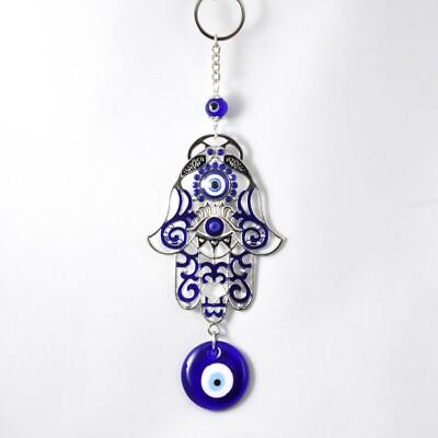 Evil Eye Blue Hamsa Hand Wall Hanging Silver Metal Home Decor
