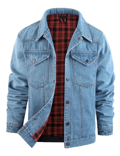 Mens Flannel Lined Denim Jacket Western Trucker Slim Fit Snap Button Vintage