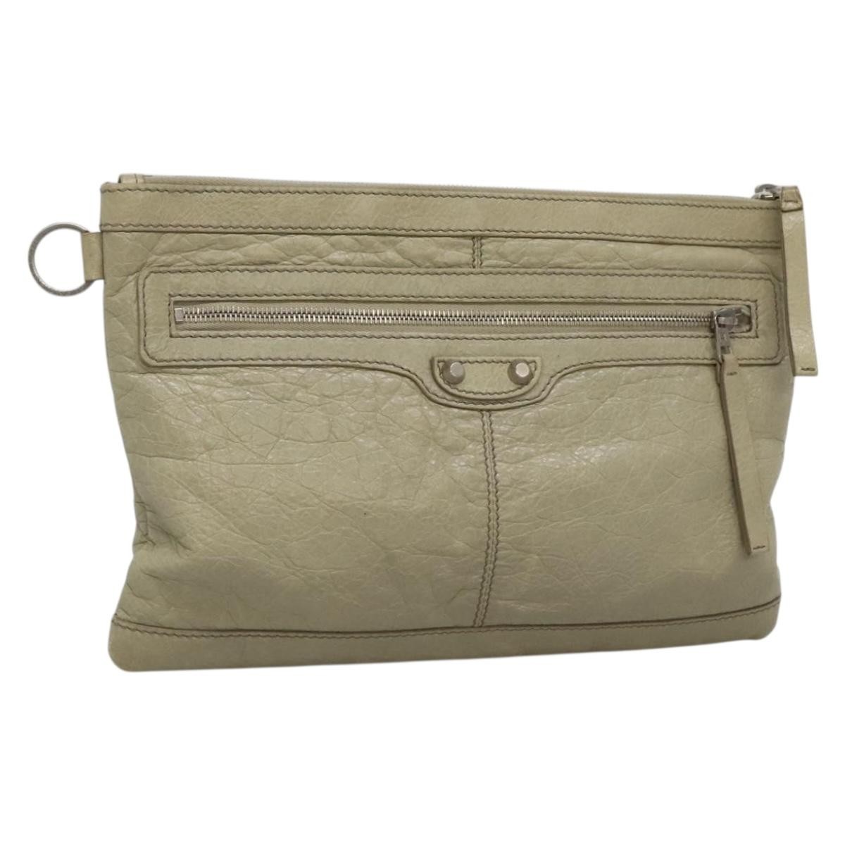 BALENCIAGA Classic Clip M Clutch Bag Leather Beige Silver Auth