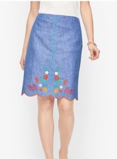Talbots Embroidered Blue Chambray A-Line Linen Blend Skirt Scalloped Hem Lined 4
