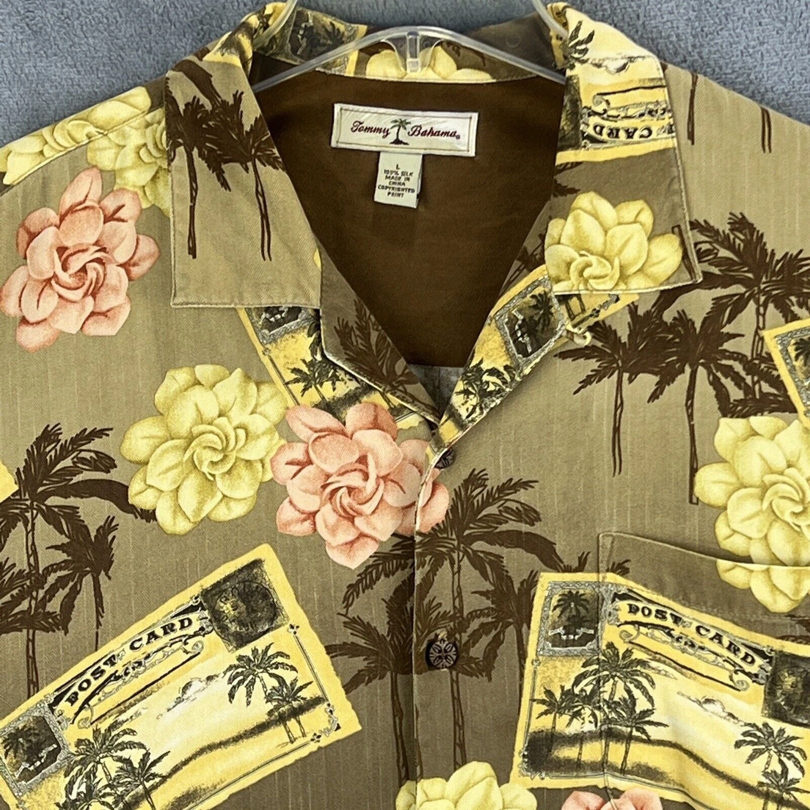 Tommy Bahama Shirt Adult Large Brown Yellow Pink Silk Postcard Button Up Camp SS