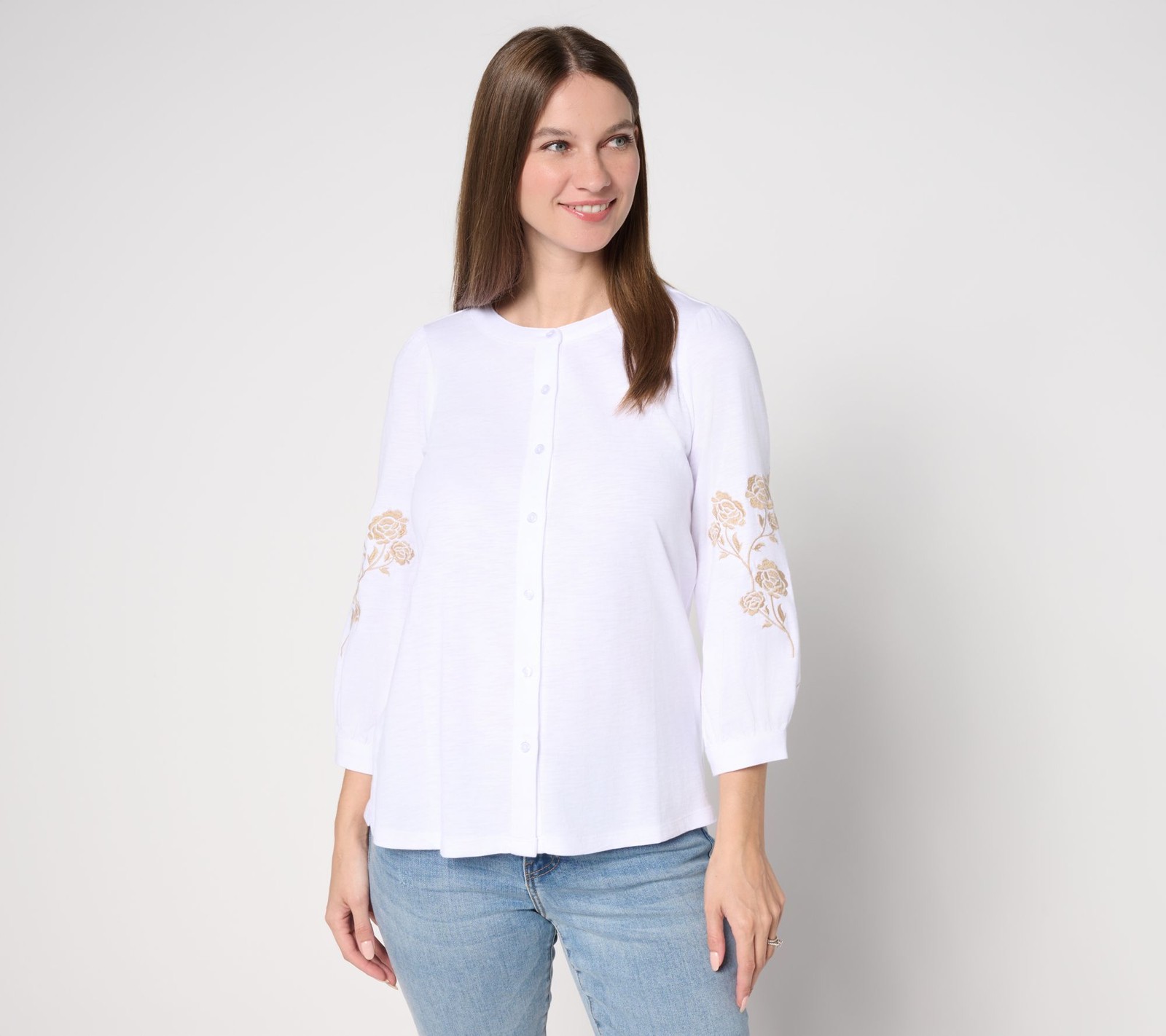 Belle by Kim Gravel Women's Top Sz M Slub Knit Summer Rose Blouse White A688401