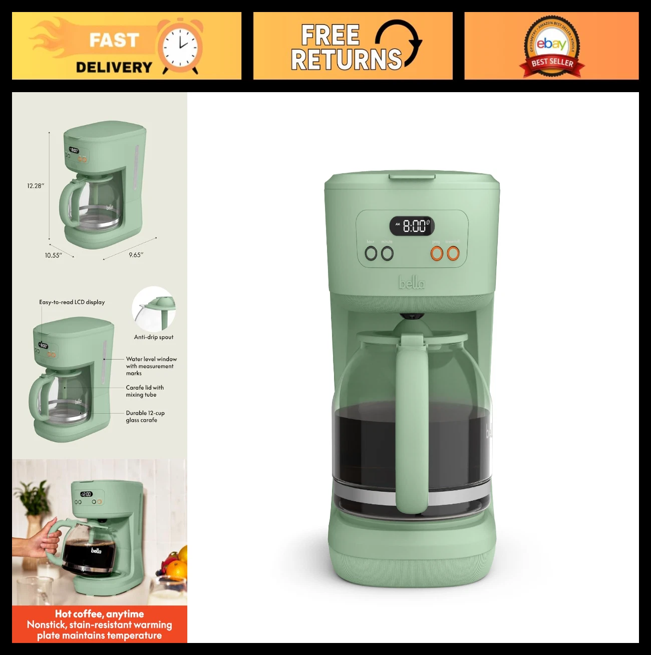 12-Cup Programmable Coffee Maker with LCD Display, Auto Shutoff, Reusable Access