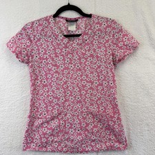 HeartSoul Scrub Top Womens XS Pink V Neck Textured Daisy Floral Nurse