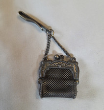 Vintage Victorian Silver Tone Metal Mesh Mini Coin Purse w/ Chain Handle