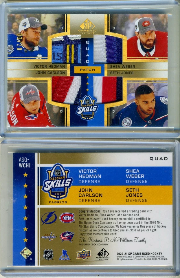 Parche cuádruple de hockey Hedman Carlson Weber Jones 7/10 Upper Deck SP 20/21 usado en juegos Foto 3 de 3