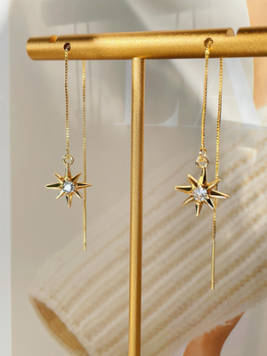#ad #ad 14K Yellow Gold Over North Star Dangle Earrings Diamond Star Drop Thin Threaders $134.99