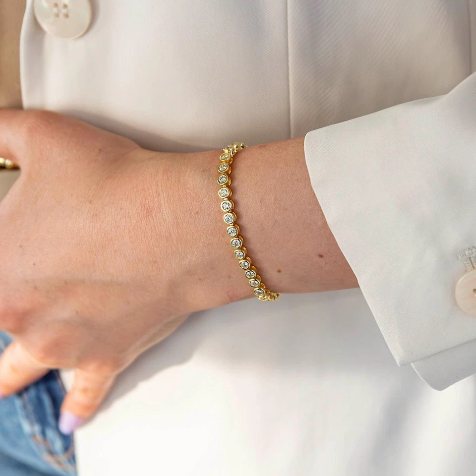 3ct F VS1 Lab Grown Diamond Bezel Tennis Bracelet 14k Yellow Gold 7" - Image 3 of 4