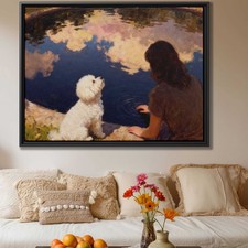 Oil Painting Dog Bichon Frise Canvas Print Rustic Dog Decor Nature Wall Art